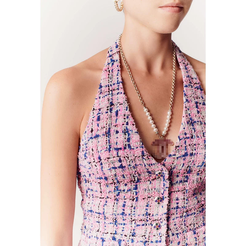 Summer French vest vest for women, neck-hanging plaid backless sexy suspender inside and outside top