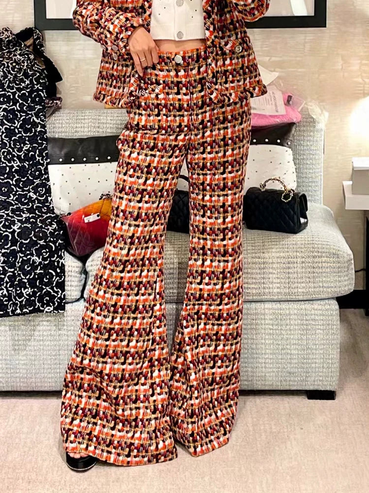 25 autumn and winter new celebrity temperament suit jacket wide-leg pants women's bell pants soft tweed color weaving