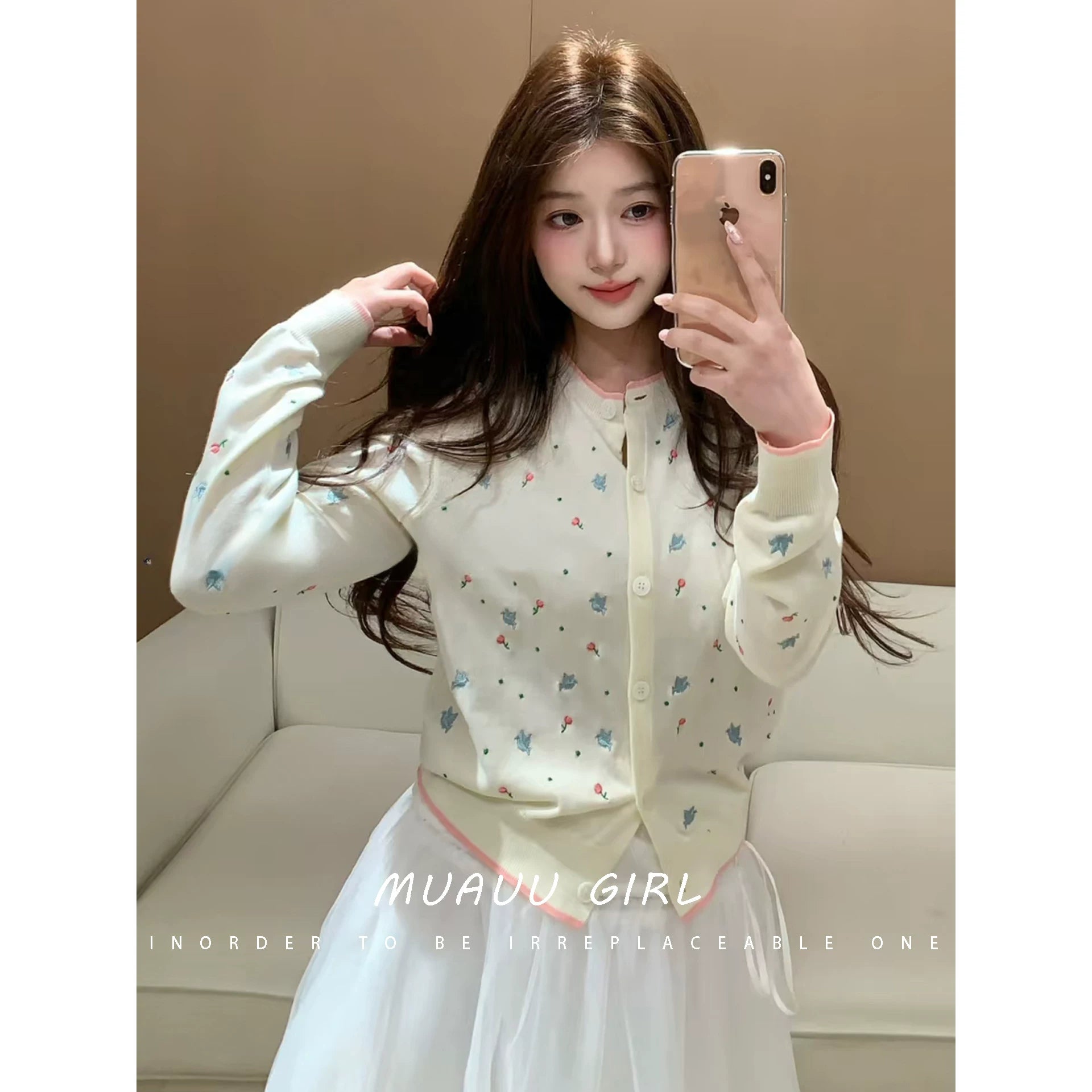 Spring and summer 26ss June MUAUU GIRL soft cute girl! 26SS Heavy Industry letter small floral embroidery long-sleeved knitted cardigan top