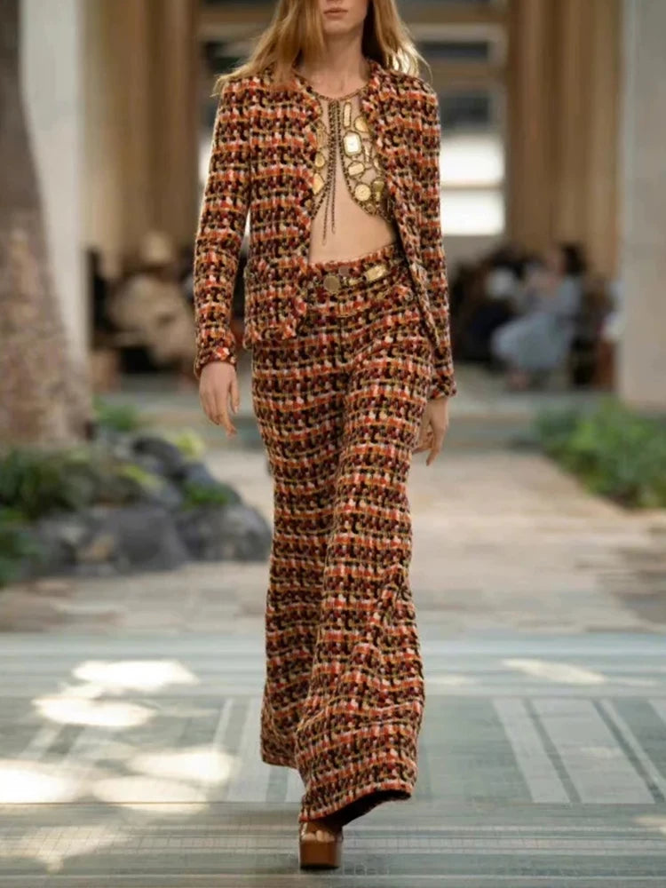 25 autumn and winter new celebrity temperament suit jacket wide-leg pants women's bell pants soft tweed color weaving