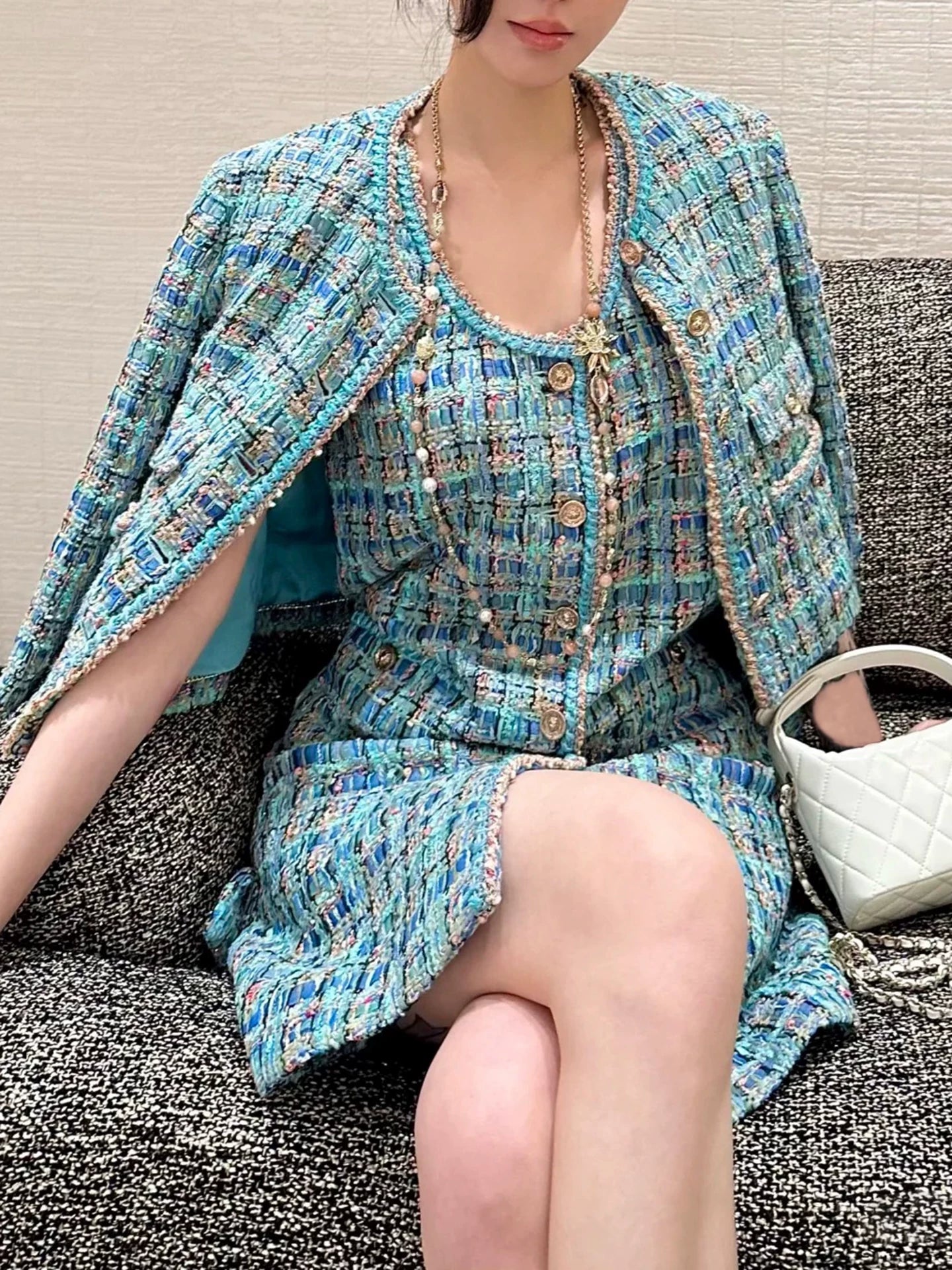 Autumn and winter suit Women's high-end temperament Celebrity heavy industry woven tweed jacket dress two-piece set