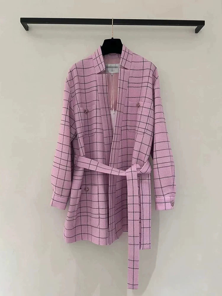 24 new coat women's bathrobe-style lace-up jacket top medium and long pink plaid socialite women's clothing