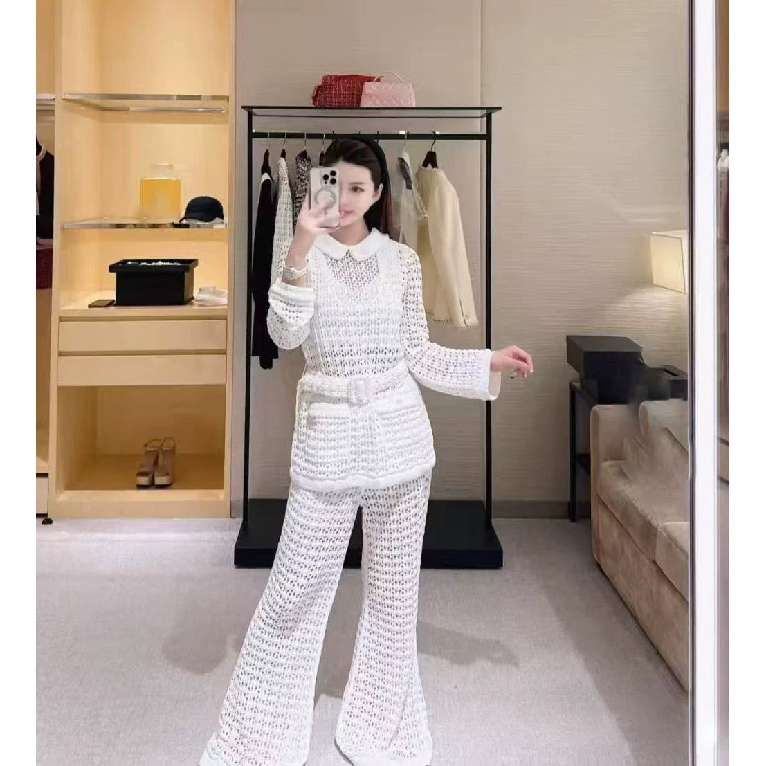 2025 autumn and winter contrasting colors heavy industry premium doll collar white crochet hollow knitted long sleeves + high waist wide leg pants women