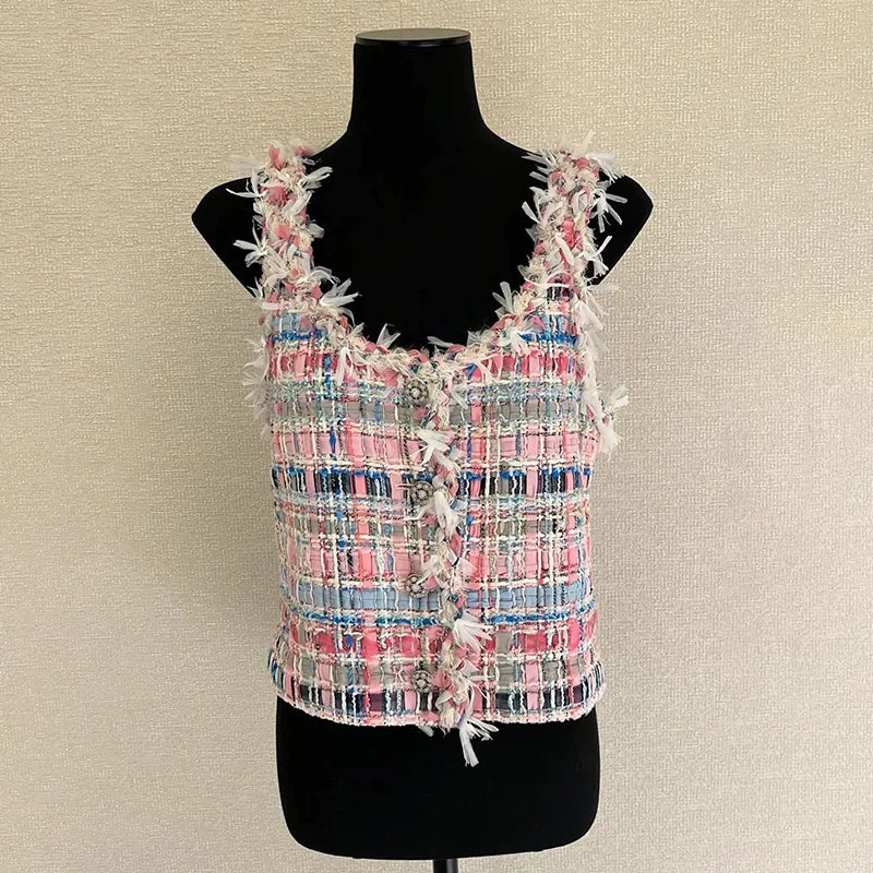 Spring and summer new suit vest vest culottes color woven wool tweed celebrity foreign style two-piece set