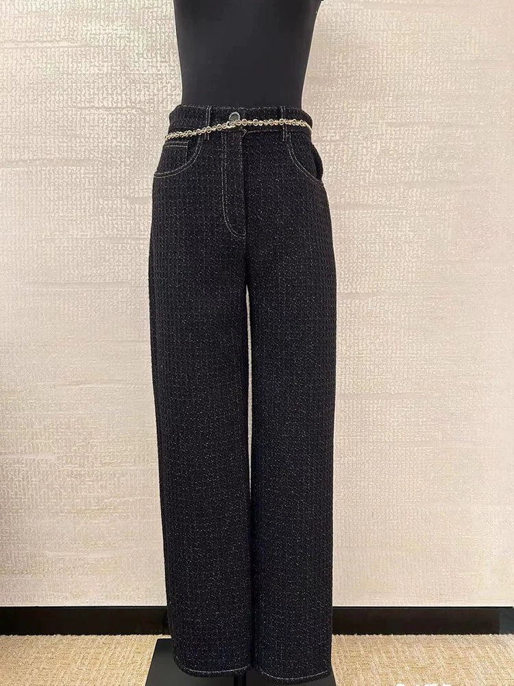 Suit design jacket celebrity temperament thin versatile autumn and winter new straight black denim trousers