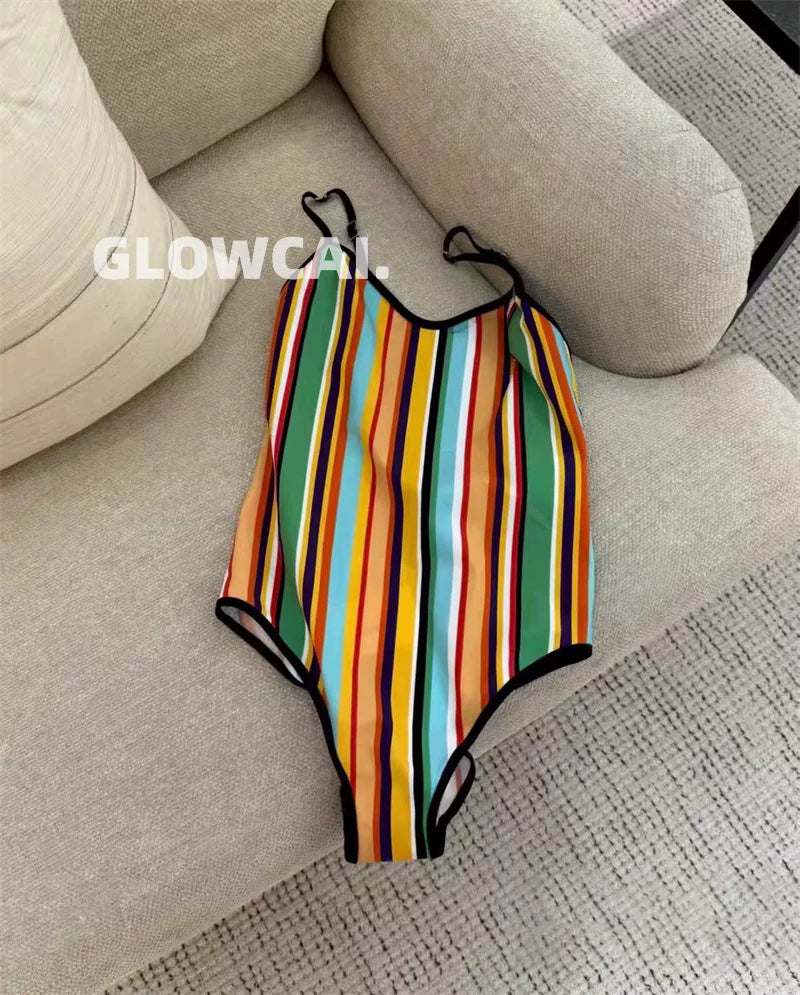 Spring and summer 26ss June 26M beach series resort wind stripe color letter print bow one-piece/two-piece swimsuit bikini