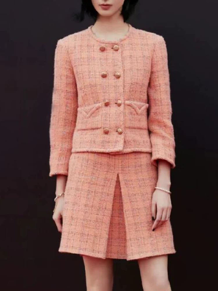 Early autumn new orange plaid jacket skirt female retro celebrity temperament high-end wool tweed suit