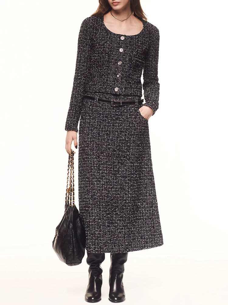 Star Liu Wen same suit jacket long sleeve round neck skirt celebrity temperament wool tweed two-piece set