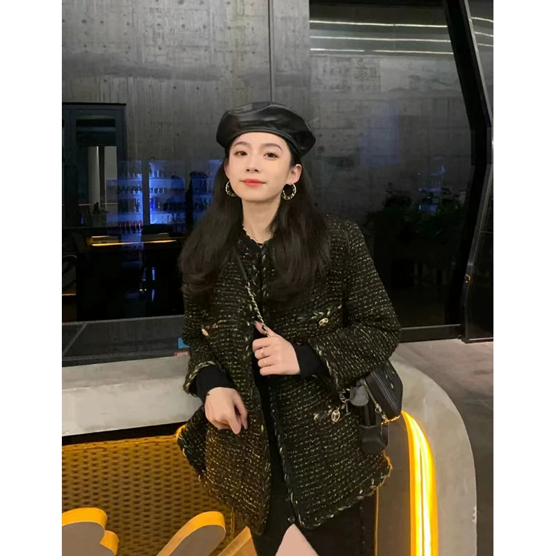 Black gold coat, socialite spring new Chen Weiting wool thickened loose padded coarse tweed top