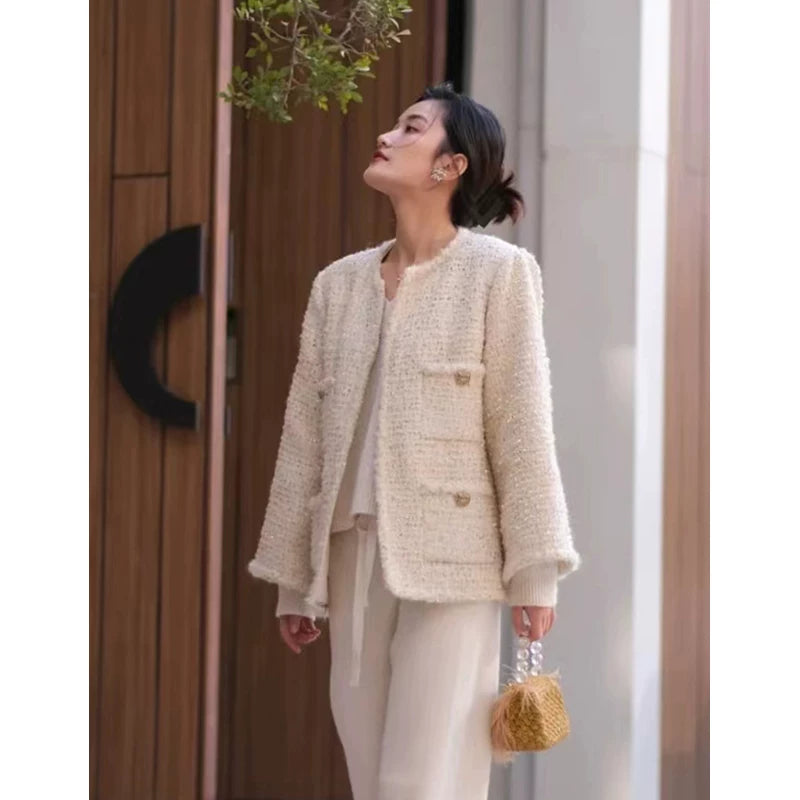 Black gold coat, socialite spring new Chen Weiting wool thickened loose padded coarse tweed top