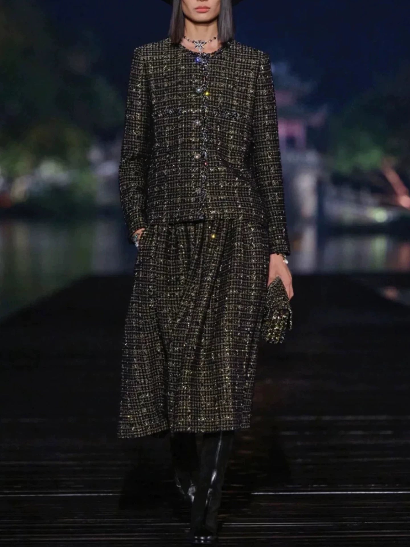 Black gold coat autumn and winter high-end temperament celebrity heavy industry ordered diamonds light luxury tweed big swing skirt women