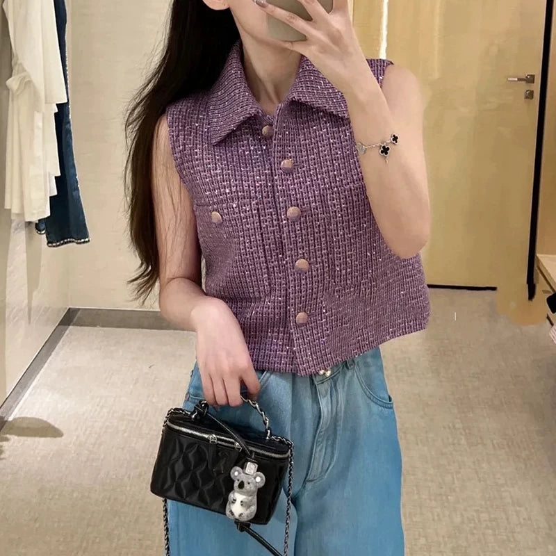 New vest shorts skirt set haute couture wool tweed premium sequins purple temperament women's clothing