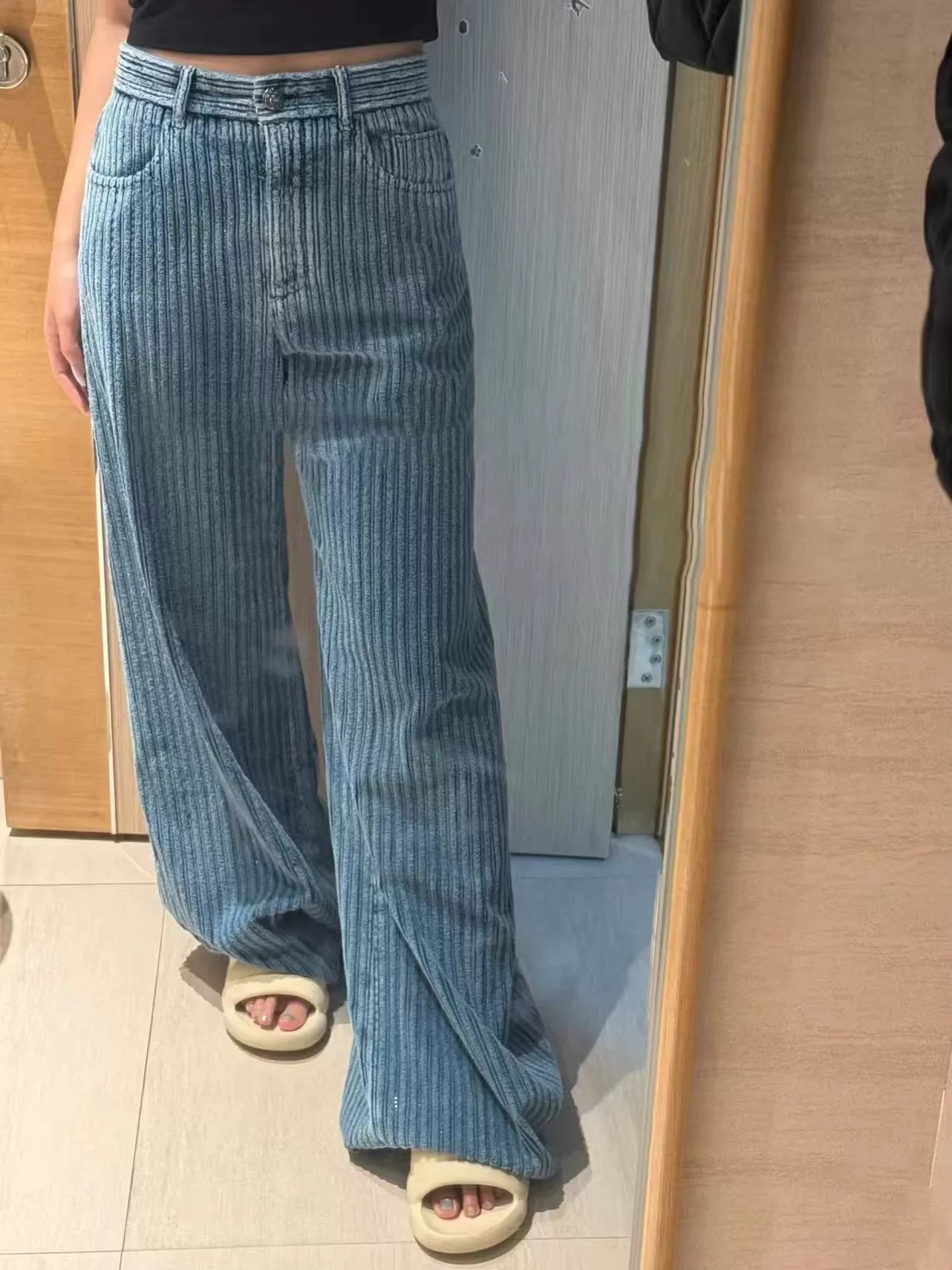 2025 autumn and winter high-end retro blue shiny corduroy wide-leg pants long pants high waist legs long floor pants women