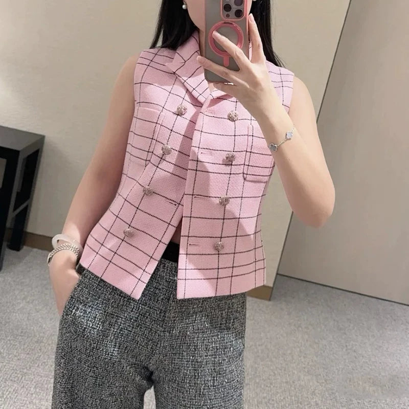 Jacket Women's Spring and Summer Thin Wool Commuter Suit Collar Double-breasted Plaid Vest Celebrity Temperament Sleeveless Vest