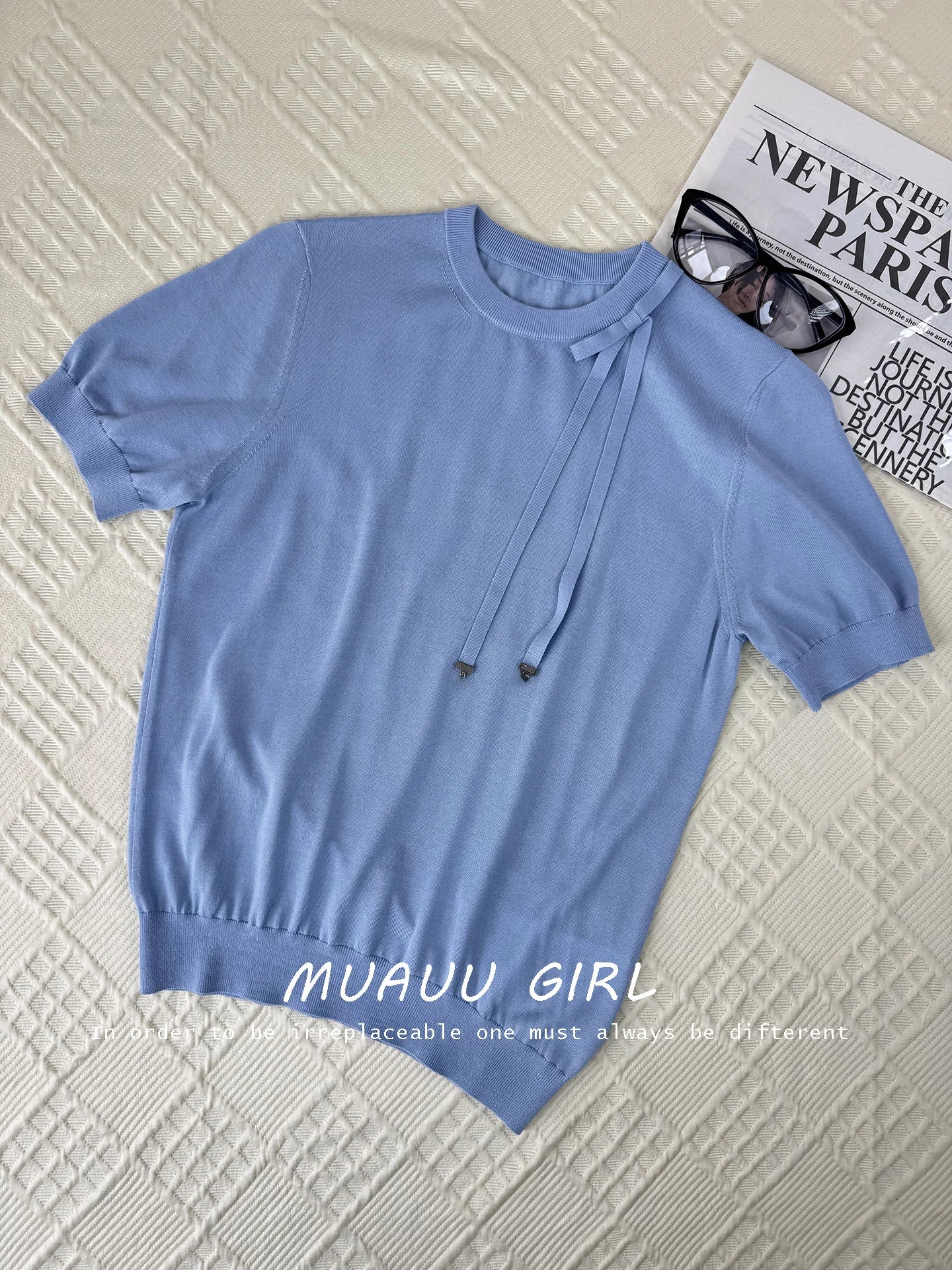 Spring and summer 26ss June MUAUU GIRL skin-friendly and breathable 26SS summer mulberry silk thin fresh bow silk ribbon top