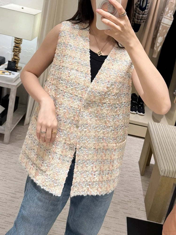 25 New vest women's vest V-neck loose medium and long sleeveless jacket wool tweed woven women's clothing