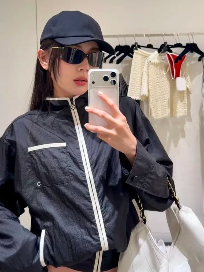 Spring and summer 26ss June, Nanyou 2026 spring and summer new beach sunscreen jacket white edge contrasting color stand-up collar zipper jacket ++ shorts + vest