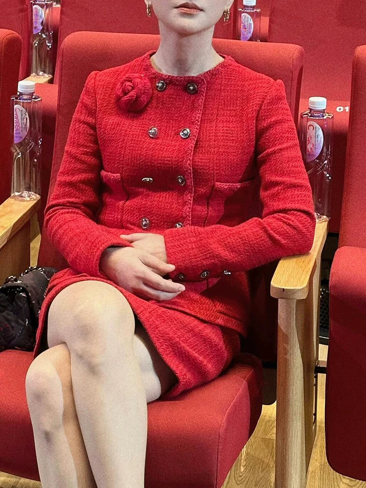 Suit Femininity elegant business light luxury high sense wool woolen red coat skirt two-piece set