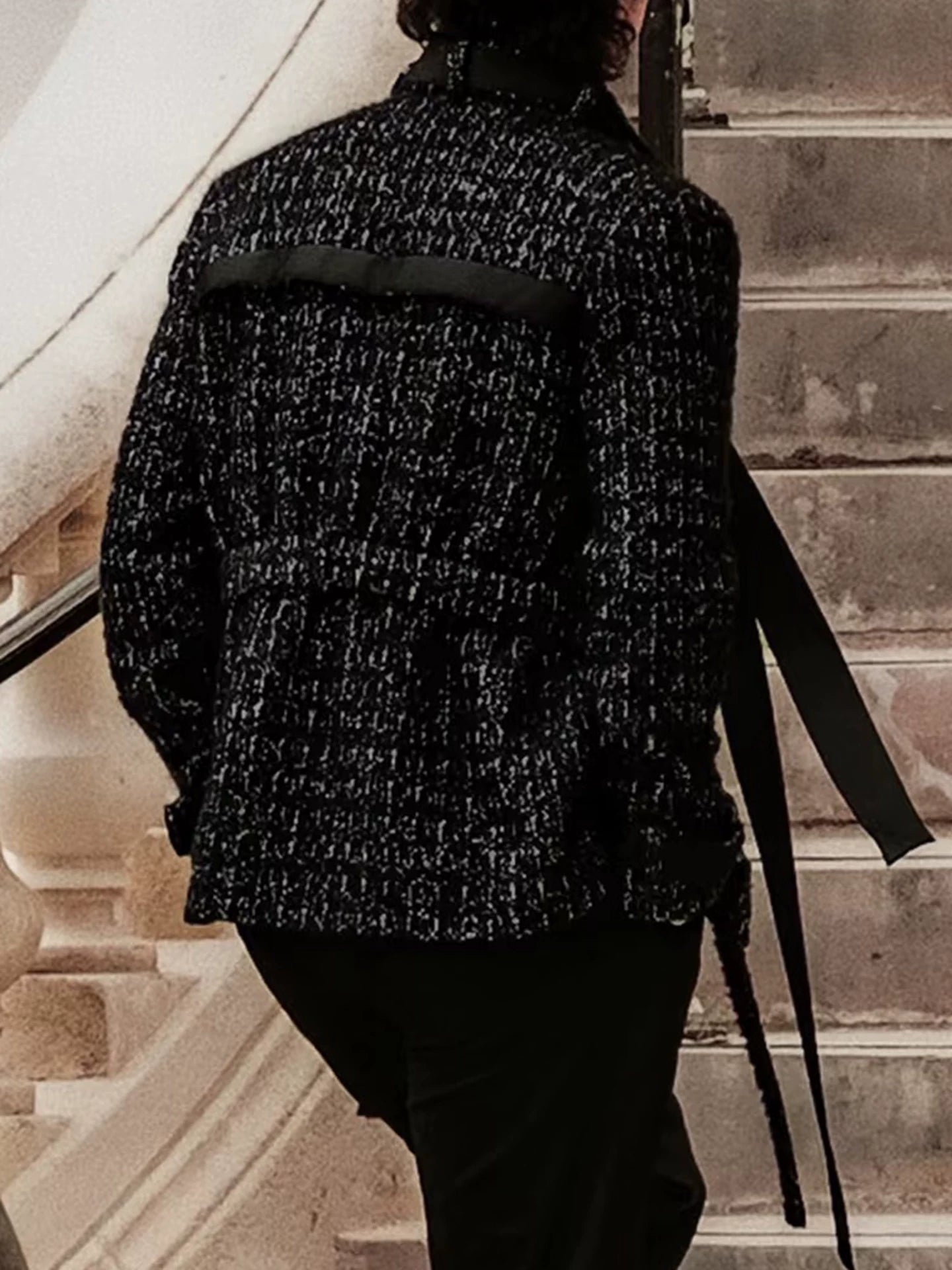 Black tweed stand-up collar jacket women's medium and long ribbon collar waist lady coat new for autumn and winter