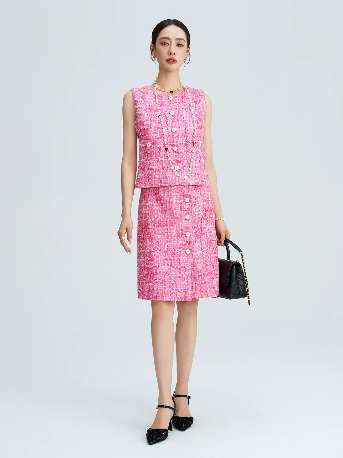 Pink tweed celebrity suit elegant temperament vest vest skirt high-end temperament suit