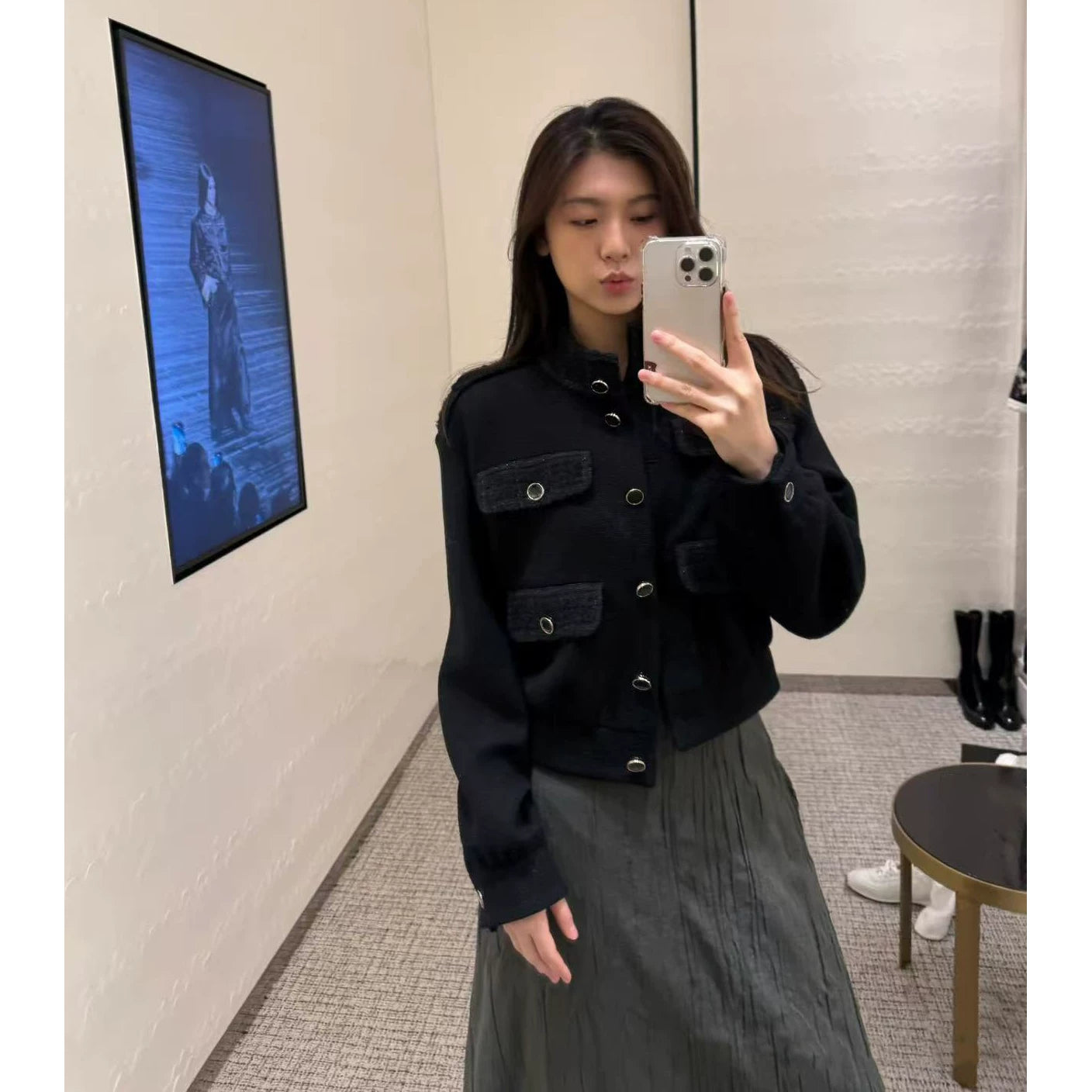 2026 early spring contrasting colors heavy industry classic high-end tweed splicing stand-up collar four pockets black jacket short coat