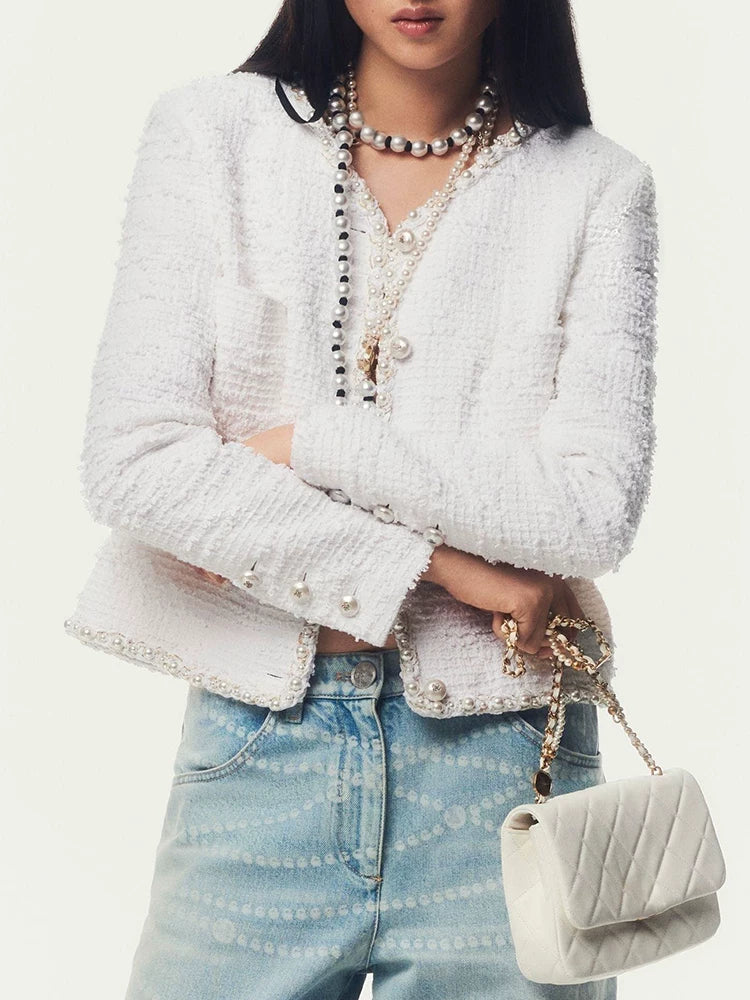 25 spring and summer pearl tweed coat femininity versatile celebrity short top haute couture women's clothing