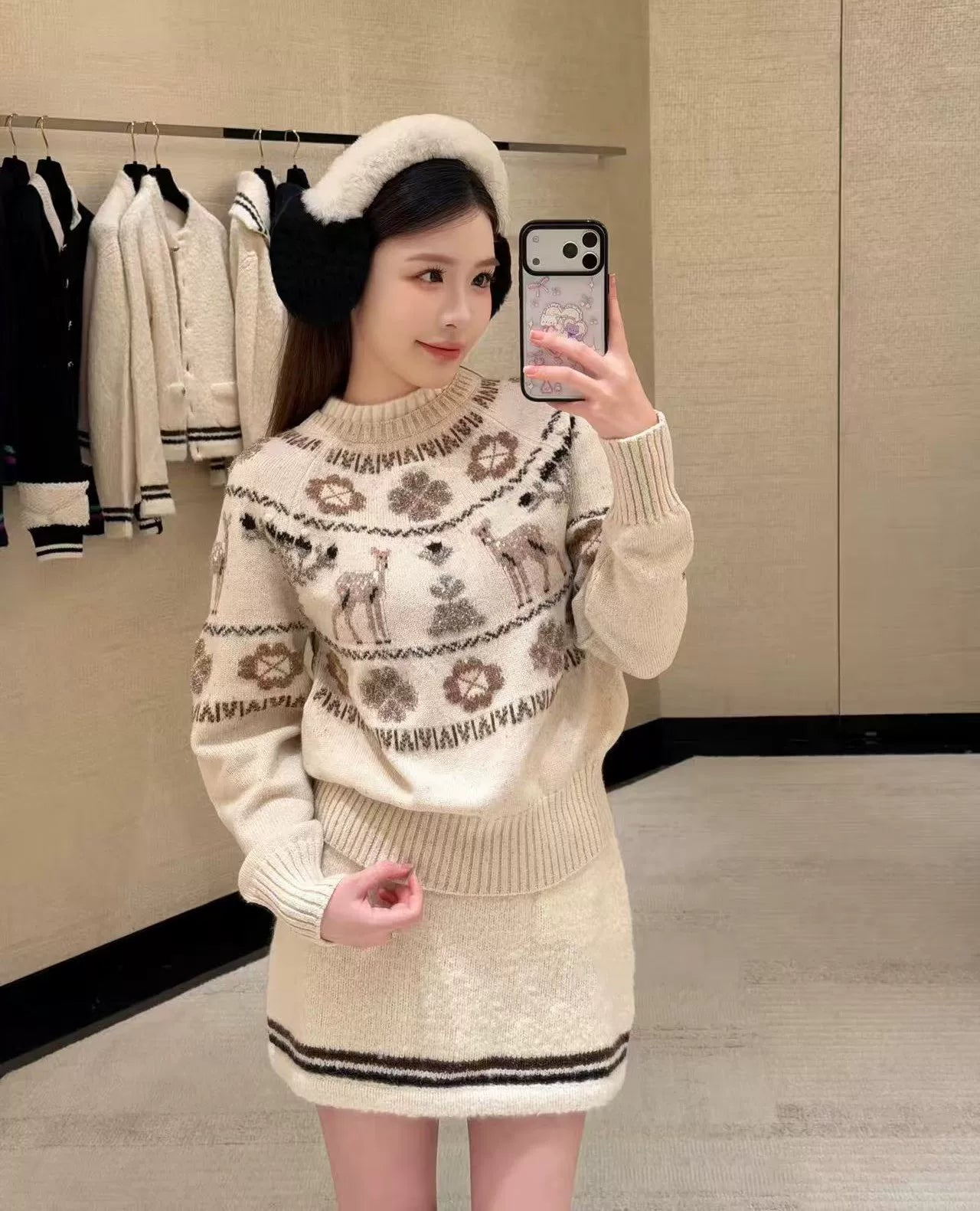 2025 autumn and winter heavy industry animal snowflake multi-element embroidery ski cashmere brown knitted cardigan pullover long sleeve