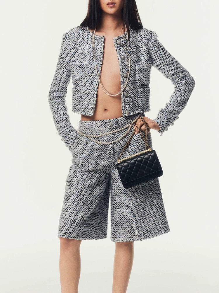 New Celebrity Suit Short Jacket Medium Pants Women's Sequin Woven Tweed Temperament Versatile Two-piece Set