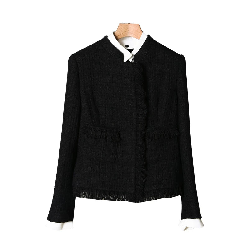 Fake two small fragrant coats female chic socialite new black and white contrasting color long-sleeved wool early autumn tweed short top