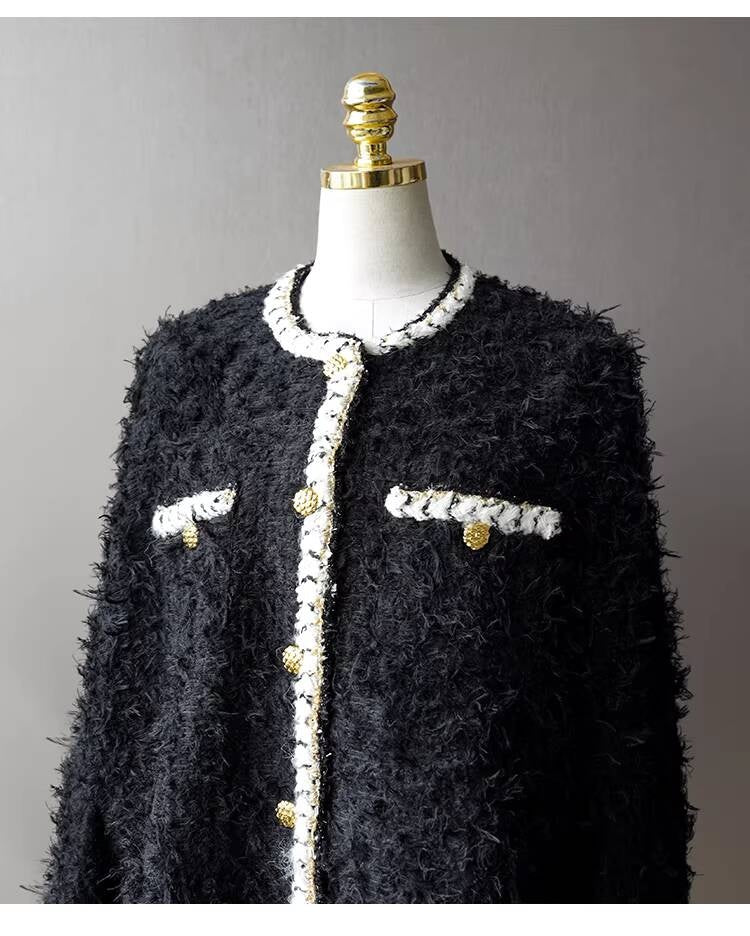 Wool Tweed Coat Women's Dress Black Gold Button Color-Block Suit Slimming Fashion Rich Girl Style
