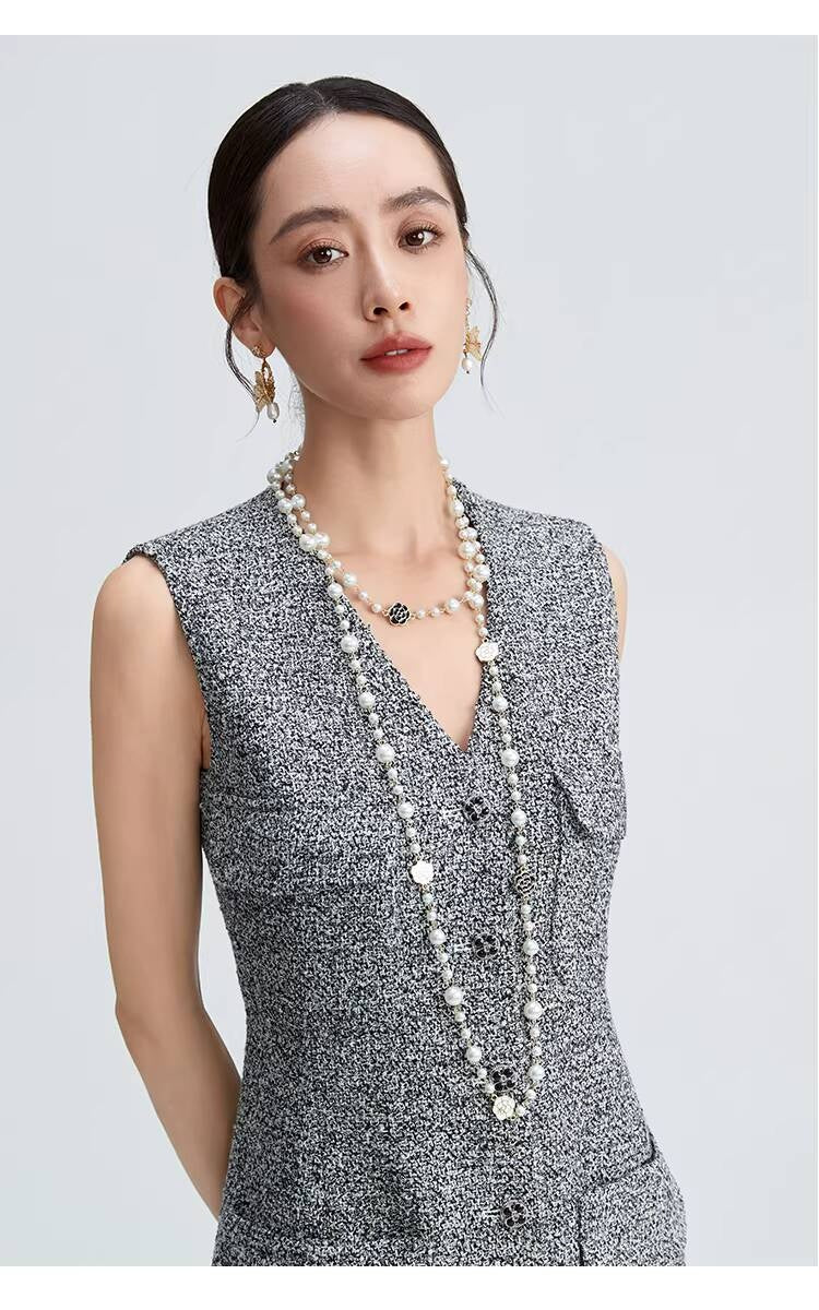 Spring Summer Little  Style Women Mid-Length High-End Modern Gray Slim Fit Tweed Vest Dress Women's Clothing