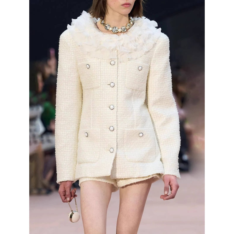 Style White Tweed Suit for Women, Autumn Winter, Socialite Jacket Shorts, Slimming and Elegant High-End Women's Clothing
