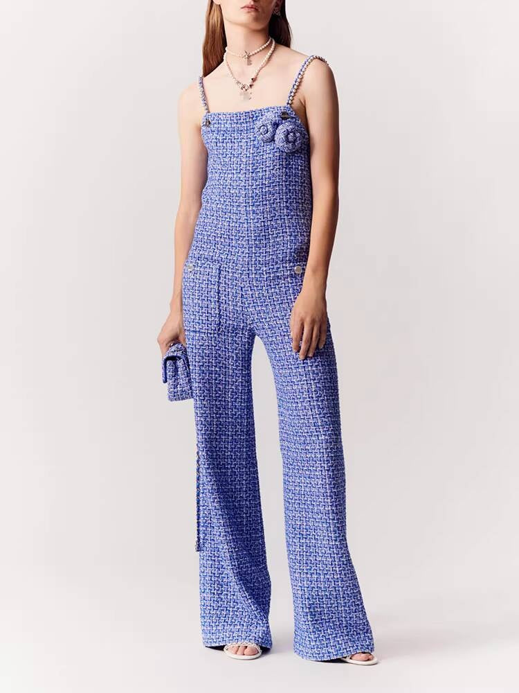 High-End -Style Jumpsuit for Women, Blue Spring and Autumn Strap Jumpsuit, Wide-Leg Long Pants, Tweed Unique Women's Clothing