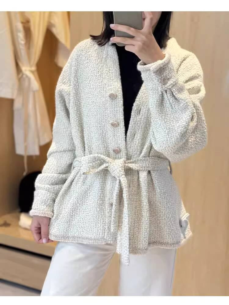 Autumn Winter New Off-White Wool Coat Wide-Leg Bathrobe Tweed Top Pants Socialite Celebrity Style Set