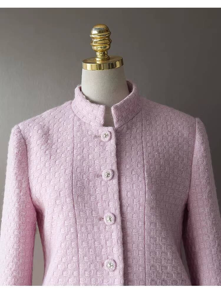 Spring and Autumn Little  Style Socialite Elegant Suit Women's Coat Wide-Leg Mid-Length Pants Wool Tweed High-End Pink Two-Piece Set