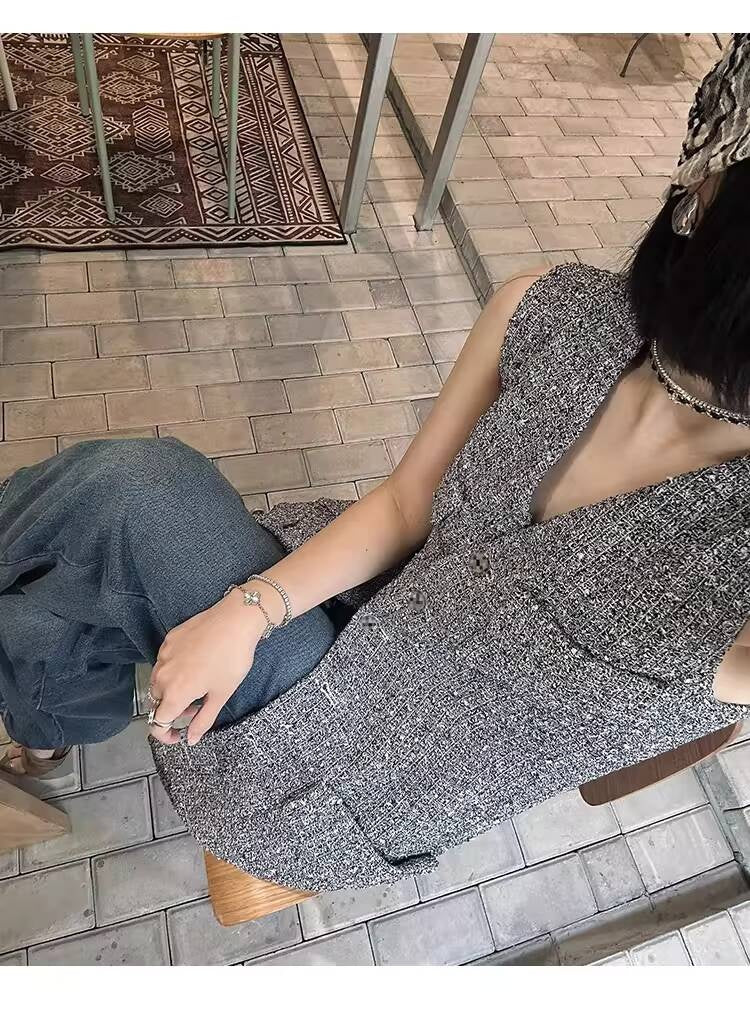 Spring Summer Little  Style Women Mid-Length High-End Modern Gray Slim Fit Tweed Vest Dress Women's Clothing