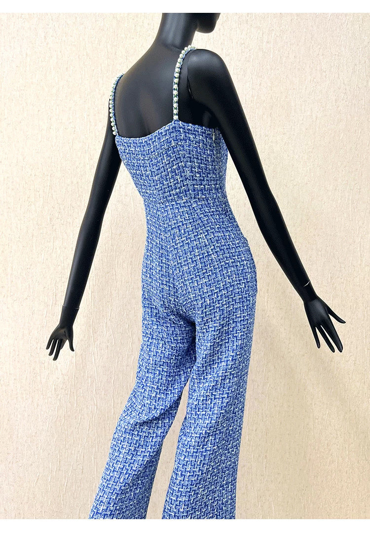 High-End -Style Jumpsuit for Women, Blue Spring and Autumn Strap Jumpsuit, Wide-Leg Long Pants, Tweed Unique Women's Clothing