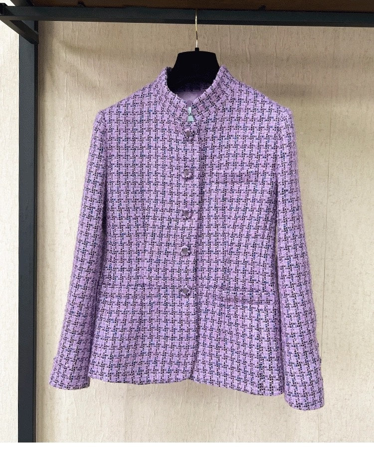 Autumn Winter New High-End Little  Style Wool Coat for Women Purple Plaid Soft Tweed Small Stand Collar Top Socialite Women's Clothing