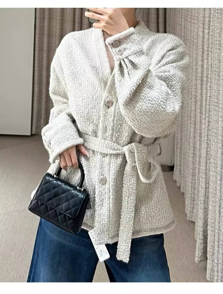 Autumn Winter New Off-White Wool Coat Wide-Leg Bathrobe Tweed Top Pants Socialite Celebrity Style Set