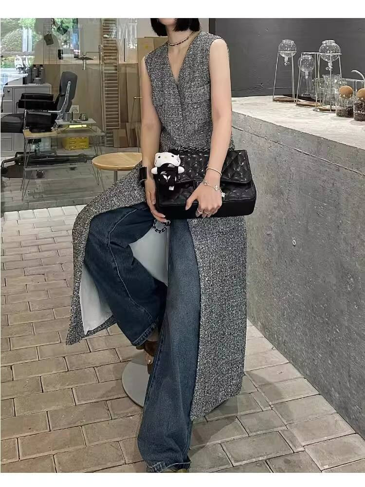 Spring Summer Little  Style Women Mid-Length High-End Modern Gray Slim Fit Tweed Vest Dress Women's Clothing