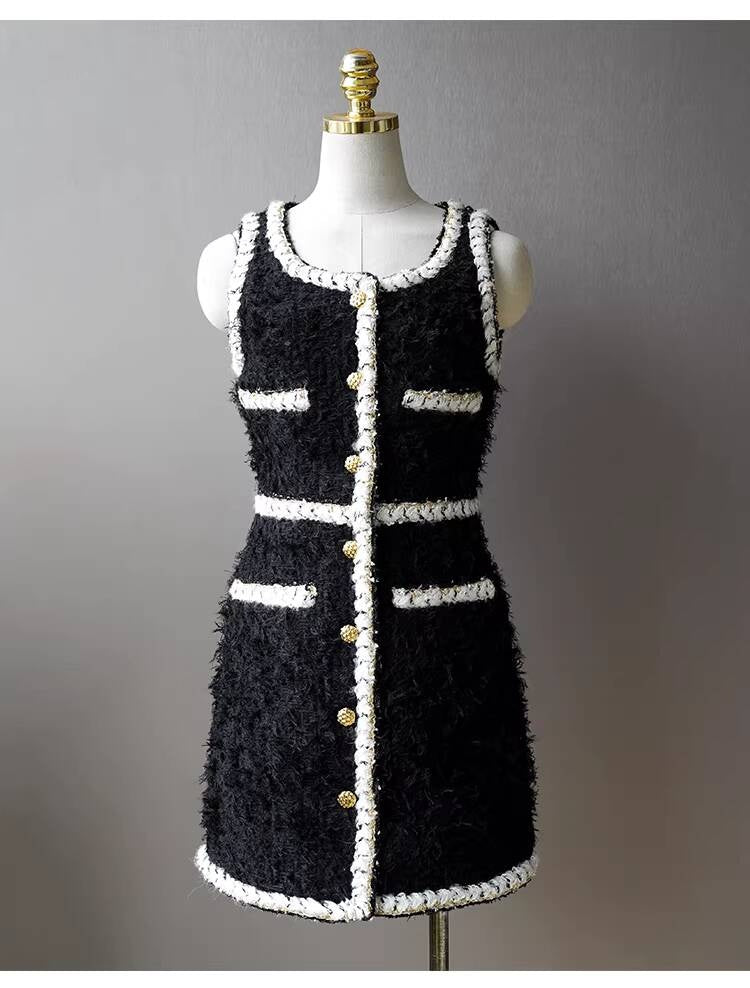Wool Tweed Coat Women's Dress Black Gold Button Color-Block Suit Slimming Fashion Rich Girl Style
