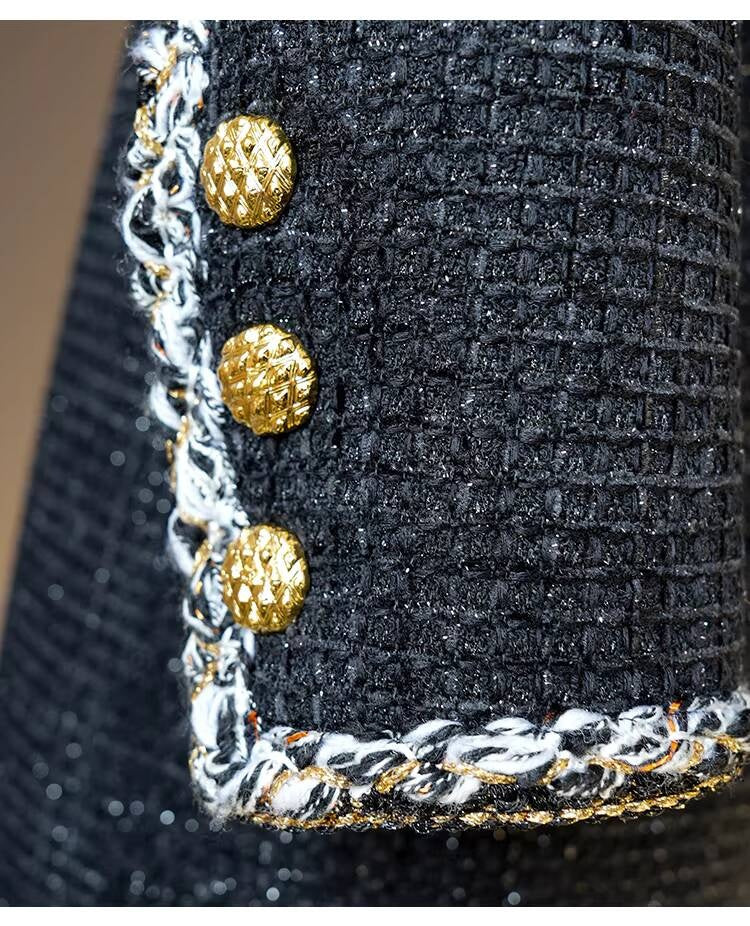 Little  Black Long Style Elegant Coat for Women Mid-Length Metal Buckle Decorated Wool Tweed