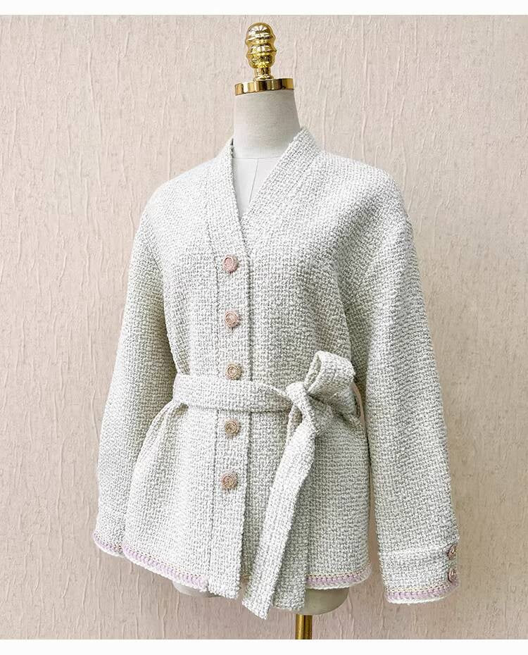 Autumn Winter New Off-White Wool Coat Wide-Leg Bathrobe Tweed Top Pants Socialite Celebrity Style Set