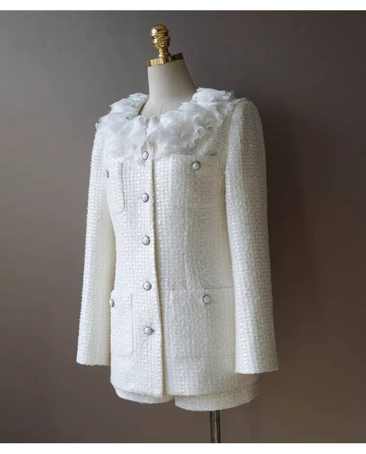 Style White Tweed Suit for Women, Autumn Winter, Socialite Jacket Shorts, Slimming and Elegant High-End Women's Clothing
