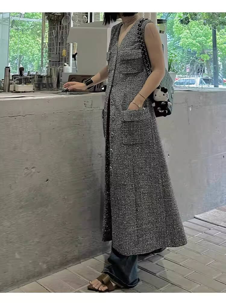 Spring Summer Little  Style Women Mid-Length High-End Modern Gray Slim Fit Tweed Vest Dress Women's Clothing