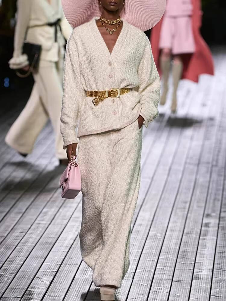 Autumn Winter New Off-White Wool Coat Wide-Leg Bathrobe Tweed Top Pants Socialite Celebrity Style Set