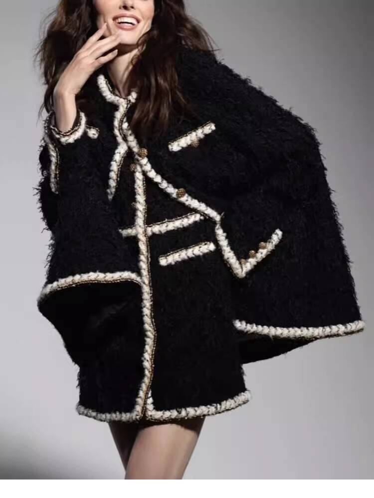 Wool Tweed Coat Women's Dress Black Gold Button Color-Block Suit Slimming Fashion Rich Girl Style