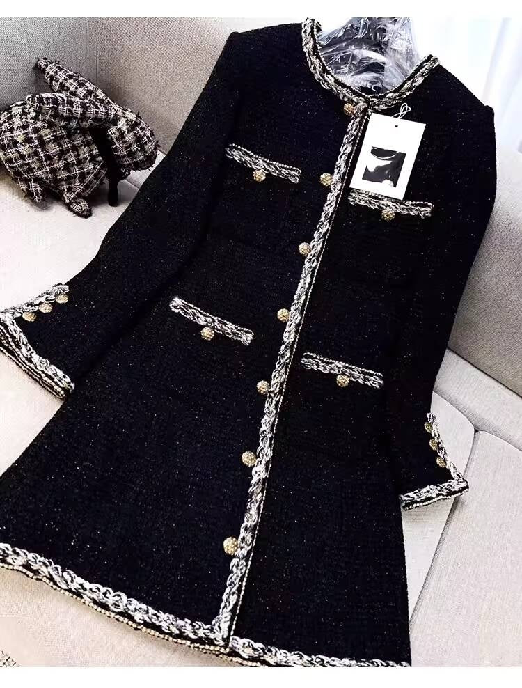 Little  Black Long Style Elegant Coat for Women Mid-Length Metal Buckle Decorated Wool Tweed