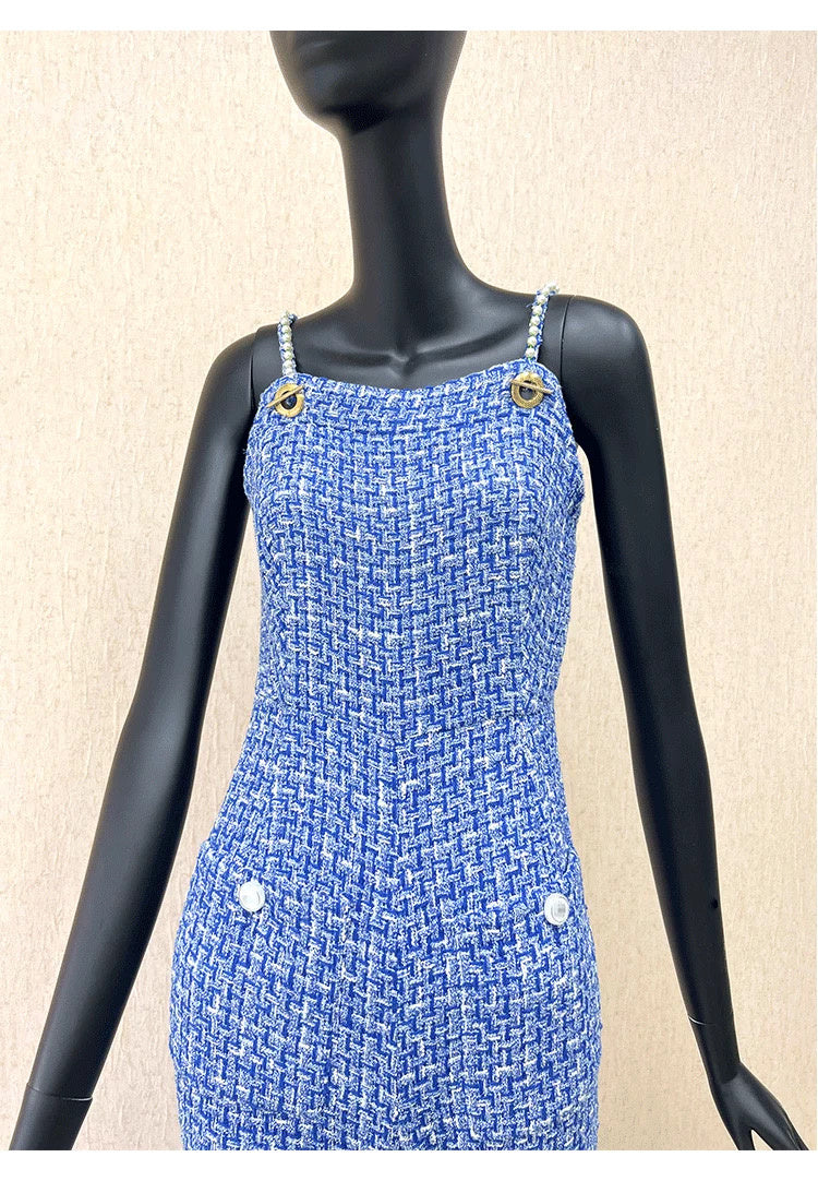 High-End -Style Jumpsuit for Women, Blue Spring and Autumn Strap Jumpsuit, Wide-Leg Long Pants, Tweed Unique Women's Clothing