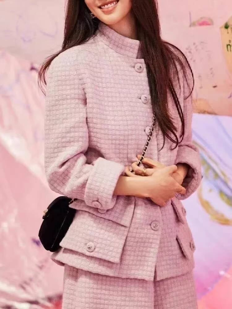 Spring and Autumn Little  Style Socialite Elegant Suit Women's Coat Wide-Leg Mid-Length Pants Wool Tweed High-End Pink Two-Piece Set